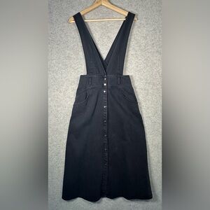 Zara Washed Black Denim Midi Pinafore Overalls Dress Jumper Button Down Snap xs